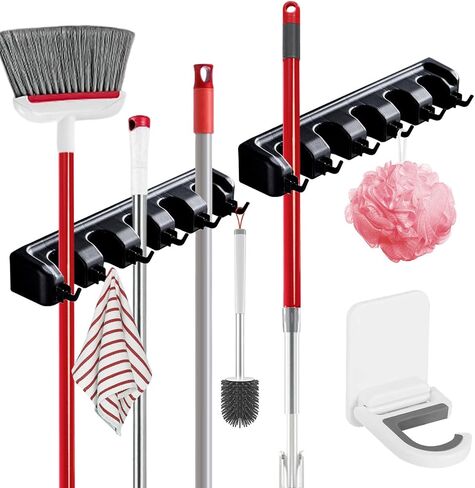 Broom Holder Wall Mount, 2 Packs Heavy Duty Cleaning Supplies Organizer, Garden Tool & Utility Closet with Hook, Mop & Broom Hook Wall Mounted for Bathroom, Garage, Kitchen, Laundry (Black-2pcs) in Saudi Arabia