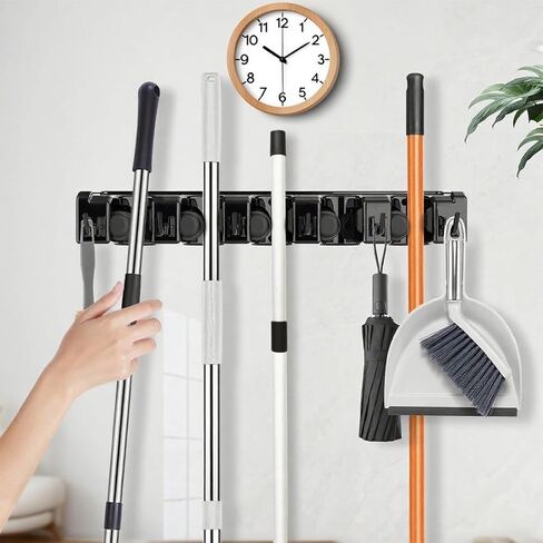 Broom Holder Wall Mount, 2 Packs Heavy Duty Cleaning Supplies Organizer, Garden Tool & Utility Closet with Hook, Mop & Broom Hook Wall Mounted for Bathroom, Garage, Kitchen, Laundry (Black-2pcs) in Saudi Arabia