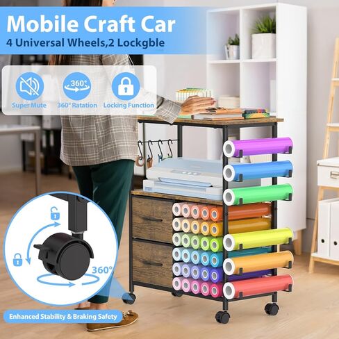 Storage Cart Compatible with Cricut, Roll Holders with 2 Drawers, Rolling Craft Cabinet Table for Accessories Holder,Tool Hook for Craft Room Home in Kuwait