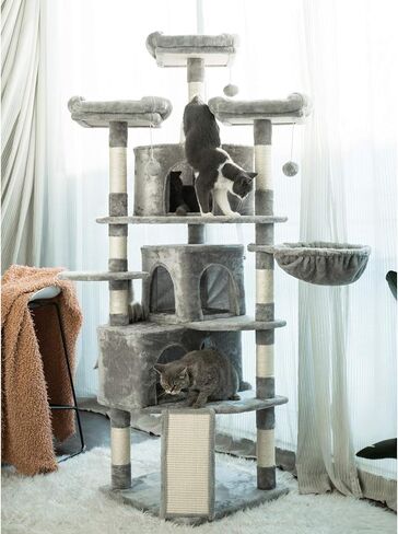 Hey-brother XL Cat Tree, 73.4 inch Cat Tower with 3 Caves, 3 Cozy Perches, Scratching Posts, Board, Activity Center Stable for Kitten/Big Cat, Beige MPJ032M in Kuwait