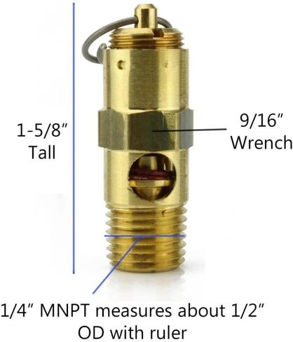 AS250190 صمام تخفيف أمان ضاغط الهواء - لاستبدال أجزاء ضاغط الهواء Conrader - صمام إيقاف الضاغط - 190 رطل لكل بوصة مربعة 1/4 بوصة ذكر NPT 91 SCFM إجمالي طول الصمام: 1-5/8 بوصة نحاس صلب ذهبي in Kuwait