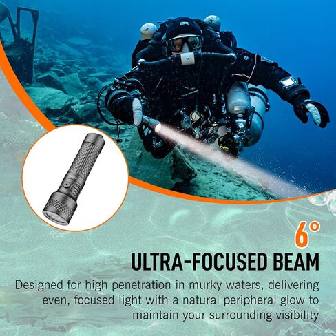 ORCATORCH ORCA7 مصباح غوص، 3000 لومن إشارة SOS مصباح يدوي للغوص، 6 درجات شعاع ضيق تحت الماء، IP68 مقاوم للماء مصنف حتى 150 متر للغوص الليلي، واستكشاف الكهف ومعدات الغوص التقنية (رمادي) in Kuwait