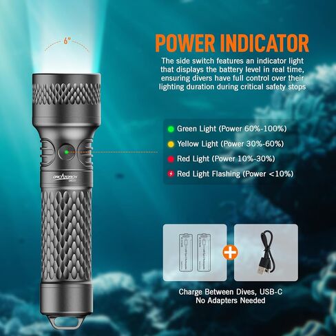 ORCATORCH ORCA7 مصباح غوص، 3000 لومن إشارة SOS مصباح يدوي للغوص، 6 درجات شعاع ضيق تحت الماء، IP68 مقاوم للماء مصنف حتى 150 متر للغوص الليلي، واستكشاف الكهف ومعدات الغوص التقنية (رمادي) in Kuwait