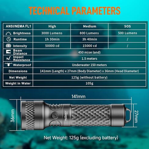 ORCATORCH ORCA7 مصباح غوص، 3000 لومن إشارة SOS مصباح يدوي للغوص، 6 درجات شعاع ضيق تحت الماء، IP68 مقاوم للماء مصنف حتى 150 متر للغوص الليلي، واستكشاف الكهف ومعدات الغوص التقنية (رمادي) in Kuwait