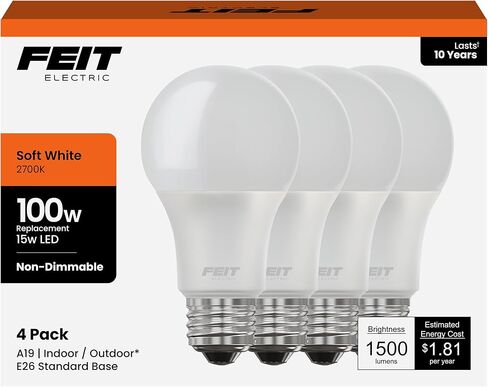 مصابيح إضاءة LED كهربائية A19 من Feit، ما يعادل 100 وات، 1500 لومن، أبيض محايد 3000 ك، 15 وات، عمر 11,000 ساعة، للاستخدام الداخلي/التجاري للأغراض العامة، A1600/835/10KLED/4، 4 عبوات in Saudi Arabia