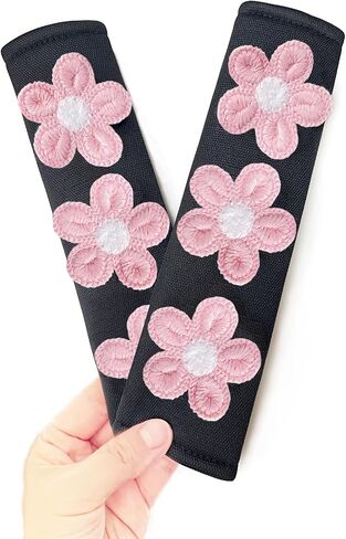 Cute Flower Car Seat Belt Shoulder Pad Cushions (2 in a Pack), Car Accessories Seat Belt Shoulder Strap Protector Universal Cover (White Pink) in Saudi Arabia