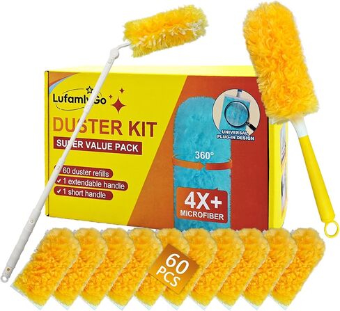 60PCS Fluffy 360° Heavy Duty Duster Refills fits Swiffer Duster, 4X Dust Capture Power, Unscented Disposable Electrostatic Dusters with 3ft Extended Handle for Furniture, Electronics, Blinds in Saudi Arabia