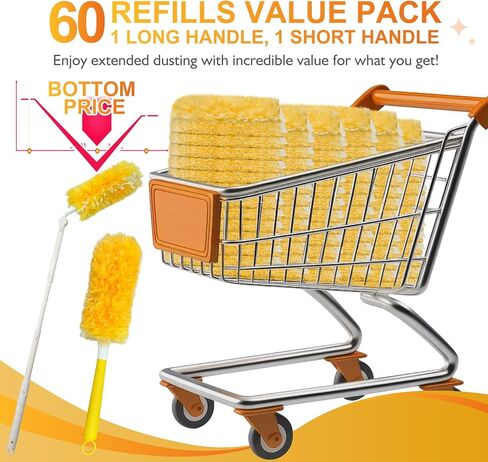 60PCS Fluffy 360° Heavy Duty Duster Refills fits Swiffer Duster, 4X Dust Capture Power, Unscented Disposable Electrostatic Dusters with 3ft Extended Handle for Furniture, Electronics, Blinds in Saudi Arabia