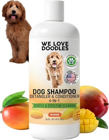 We Love Doodles Dog Shampoo, Conditioner, & Detangler - Shampoo for Dogs, Goldendoodles, Poodles & Doodles, for Matted Pet Hair & Sensitive Skin, Made in The USA, Mango, 16 oz in Kuwait