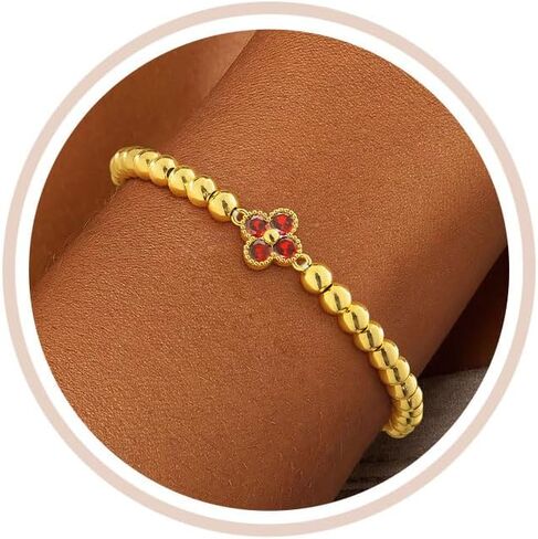Birthstone Gold Bracelets for Women Non Tarnish Elastic 14K Gold Plated Bead Bracelets Trendy CZ Clover Bracelet Stackable Friendship Bracelets Dainty Jewelry Gifts for Mom Best Friend in Kuwait