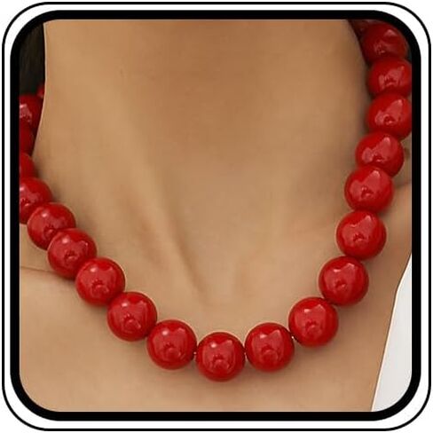 Large Red Beaded Choker Necklace for Women Vintage Black Pearls Balls Bead Collar Necklaces Chunky Adjustable Big Ball Pearl Jewelry Trendy Accessories in Saudi Arabia