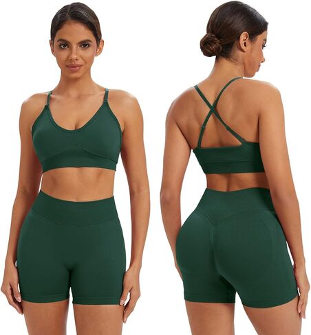 ABOCIW Womens 2 Piece Workout Sets Adjustable Strap V Neck Sports Bra Tummy Control Biker Shorts Gym Yoga Outfits in Saudi Arabia