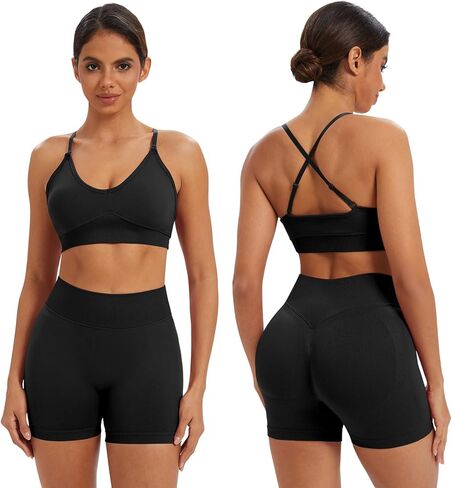 ABOCIW Womens 2 Piece Workout Sets Adjustable Strap V Neck Sports Bra Tummy Control Biker Shorts Gym Yoga Outfits in Saudi Arabia