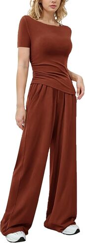 LICOBOD طقم صالة غير متماثل مكون من قطعتين ملابس نسائية بأكمام طويلة ملابس سفر مريحة بنطال ذو قصة أرجل واسعة بدلة رياضية غير رسمية in Kuwait