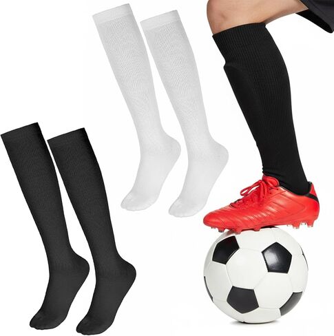 InnoHHustle 2 Pairs Soccer Softball Baseball Football Socks, Breathable Sports Training Socks Multi-sport Compression Sock Knee High Team Sport for Youth Boys Girls (Black, White) in Saudi Arabia