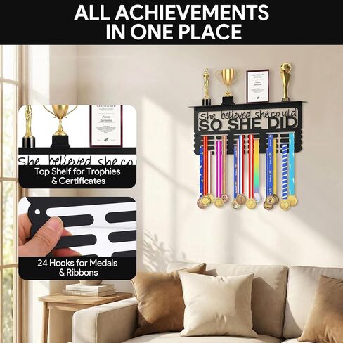 عرض شماعة ميدالية مع رف الكأس، حامل ميدالية السباق المعدني مع كلمات تحفيزية - لقد اعتقدت أنها تستطيع ذلك، عرض شريطي لعداءات السباق الرياضي، سهل التركيب in Kuwait