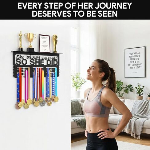 عرض شماعة ميدالية مع رف الكأس، حامل ميدالية السباق المعدني مع كلمات تحفيزية - لقد اعتقدت أنها تستطيع ذلك، عرض شريطي لعداءات السباق الرياضي، سهل التركيب in Kuwait