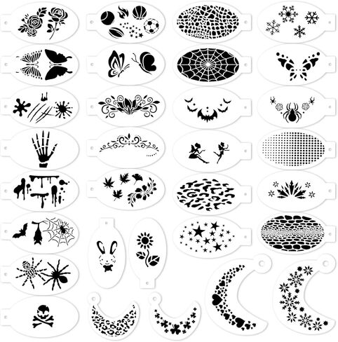 32Pcs Reusable Face Paint Stencils,Face Tattoo & Body Makeup Painting Stencils Templates for Kids & Adults,Fashion Pattern Including Flowers Leopard Scale Dinosaurs Star etc in Saudi Arabia