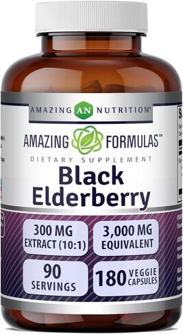 صيغ مذهلة مكمل Sambucus Black Elderberry | 3000 مجم لكل جرعة | 180 كبسولة نباتية مكملة | غير معدل وراثيًا | خالي من الغلوتين | صنع فى أمريكا in Saudi Arabia
