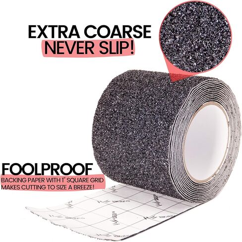 شريط جر آمن مضاد للانزلاق شديد التحمل باللون الأسود | 4 بوصة × 12 قدم | الاستخدام التجاري الصناعي الداخلي والخارجي | مقاوم للماء، مقاوم للزيت، متين in Kuwait