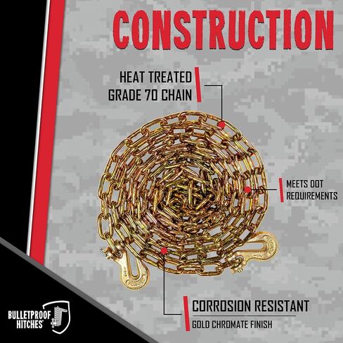 BulletProof Hitches - 1/4" x 12' Transport Chains - 1/4 Inch Chain Rated to 12,600 lbs with a Working Load Limit of 3,150 lbs - Grade 70, DOT Compliant - Gold Chromate, Corrosion Resistant in Saudi Arabia