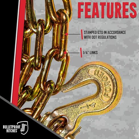 BulletProof Hitches - 1/4" x 12' Transport Chains - 1/4 Inch Chain Rated to 12,600 lbs with a Working Load Limit of 3,150 lbs - Grade 70, DOT Compliant - Gold Chromate, Corrosion Resistant in Saudi Arabia