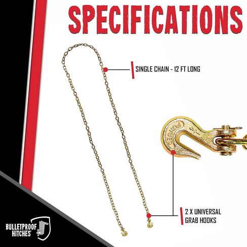 BulletProof Hitches - 1/4" x 12' Transport Chains - 1/4 Inch Chain Rated to 12,600 lbs with a Working Load Limit of 3,150 lbs - Grade 70, DOT Compliant - Gold Chromate, Corrosion Resistant in Saudi Arabia