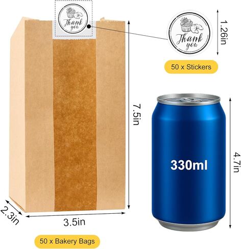 Ocmoiy 50Pcs Cookie Bags with Window, 3.5x2.3x7.5 Inch Kraft Paper Bakery Bags with Thank You Stickers for Snack, Popcorn, Coffee Bean, Party Favor, Cookie Packaging in Saudi Arabia