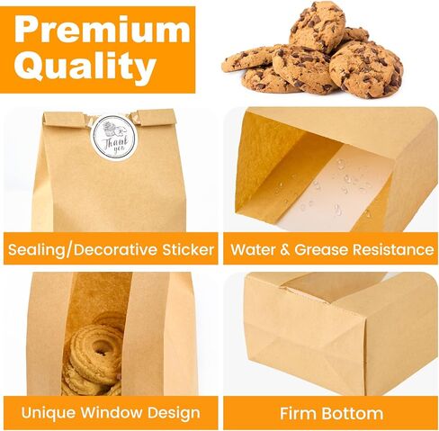 Ocmoiy 50Pcs Cookie Bags with Window, 3.5x2.3x7.5 Inch Kraft Paper Bakery Bags with Thank You Stickers for Snack, Popcorn, Coffee Bean, Party Favor, Cookie Packaging in Saudi Arabia