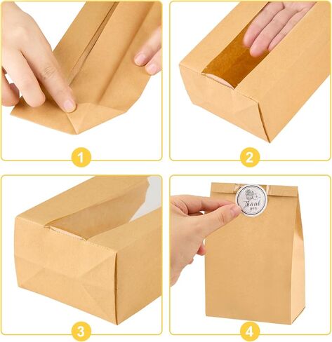Ocmoiy 50Pcs Cookie Bags with Window, 3.5x2.3x7.5 Inch Kraft Paper Bakery Bags with Thank You Stickers for Snack, Popcorn, Coffee Bean, Party Favor, Cookie Packaging in Saudi Arabia