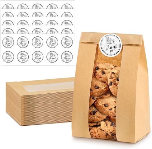 Ocmoiy 50Pcs Cookie Bags with Window, 3.5x2.3x7.5 Inch Kraft Paper Bakery Bags with Thank You Stickers for Snack, Popcorn, Coffee Bean, Party Favor, Cookie Packaging in Kuwait