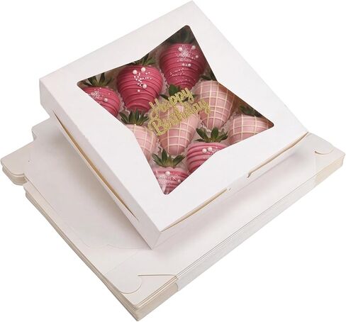 24 علبة فطائر، 10 × 10 × 2.5 بوصة صناديق مخبز مع نافذة، صناديق بسكويت منبثقة تلقائيًا للفراولة المغطاة بالشوكولاتة والفطائر والمعجنات والكعك والدونات والحلوى والمكافآت in Kuwait