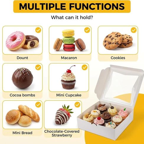 24 علبة فطائر، 10 × 10 × 2.5 بوصة صناديق مخبز مع نافذة، صناديق بسكويت منبثقة تلقائيًا للفراولة المغطاة بالشوكولاتة والفطائر والمعجنات والكعك والدونات والحلوى والمكافآت in Kuwait