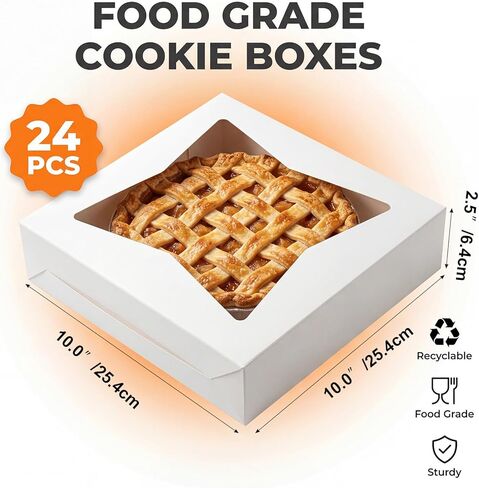 24 علبة فطائر، 10 × 10 × 2.5 بوصة صناديق مخبز مع نافذة، صناديق بسكويت منبثقة تلقائيًا للفراولة المغطاة بالشوكولاتة والفطائر والمعجنات والكعك والدونات والحلوى والمكافآت in Kuwait