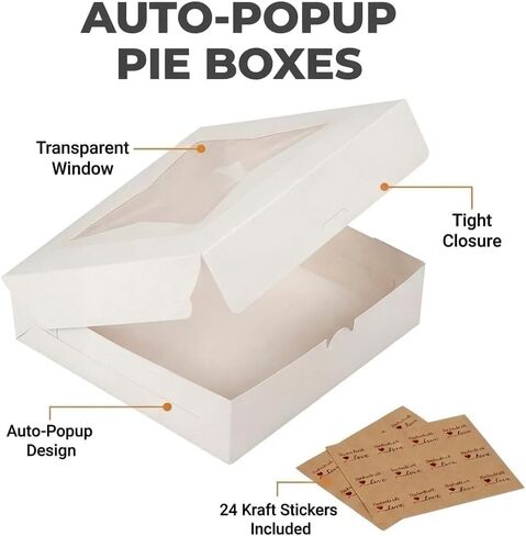 24 علبة فطائر، 10 × 10 × 2.5 بوصة صناديق مخبز مع نافذة، صناديق بسكويت منبثقة تلقائيًا للفراولة المغطاة بالشوكولاتة والفطائر والمعجنات والكعك والدونات والحلوى والمكافآت in Kuwait
