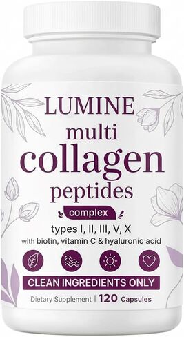 كبسولات لومين متعددة الكولاجين - أنواع ببتيدات البروتين المتحللة الأول والثاني والثالث والخامس والعاشر للشعر والبشرة والأظافر ودعم المفاصل - غير معدلة وراثيًا، وخالية من الغلوتين وسهلة البلع (120 كبسولة) in Kuwait