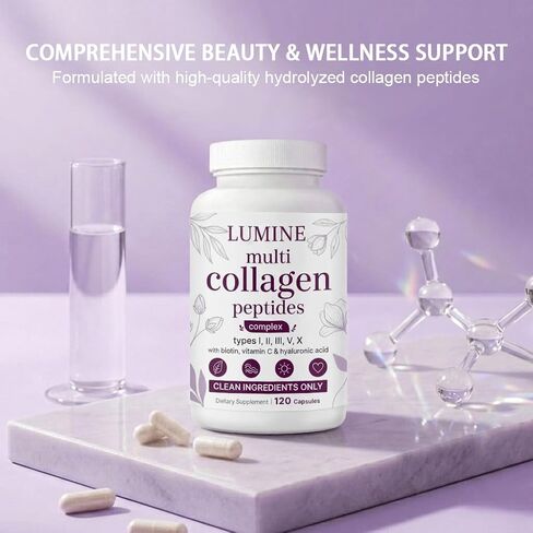 كبسولات لومين متعددة الكولاجين - أنواع ببتيدات البروتين المتحللة الأول والثاني والثالث والخامس والعاشر للشعر والبشرة والأظافر ودعم المفاصل - غير معدلة وراثيًا، وخالية من الغلوتين وسهلة البلع (120 كبسولة) in Kuwait