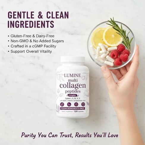 كبسولات لومين متعددة الكولاجين - أنواع ببتيدات البروتين المتحللة الأول والثاني والثالث والخامس والعاشر للشعر والبشرة والأظافر ودعم المفاصل - غير معدلة وراثيًا، وخالية من الغلوتين وسهلة البلع (120 كبسولة) in Kuwait