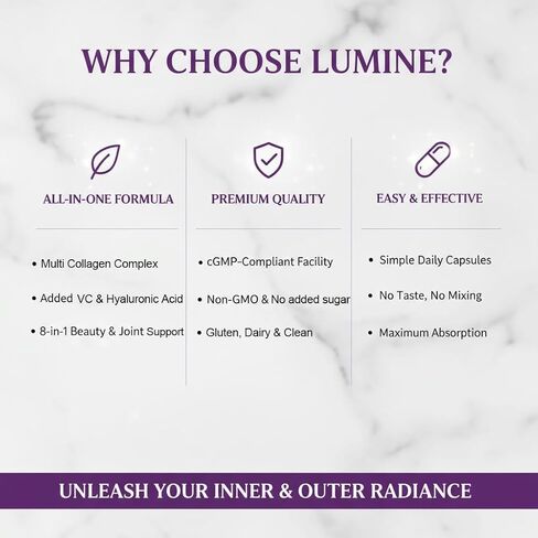 كبسولات لومين متعددة الكولاجين - أنواع ببتيدات البروتين المتحللة الأول والثاني والثالث والخامس والعاشر للشعر والبشرة والأظافر ودعم المفاصل - غير معدلة وراثيًا، وخالية من الغلوتين وسهلة البلع (120 كبسولة) in Kuwait