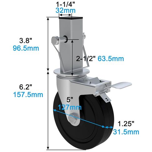 5 Inch Scaffolding Casters, Set of 4 Heavy Duty Baker Scaffold Wheels with Dual Locking Brakes, Rubber Casters Square 1-1/4" Stem Replacement for 6ft Baker Scaffold, 440LBS Capacity per Caster in Kuwait
