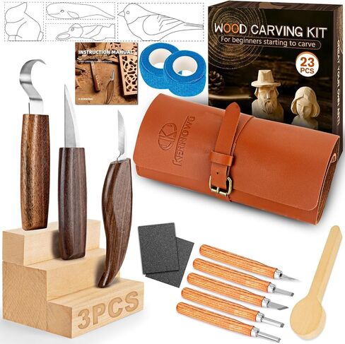Wood Carving Kit, All-in-1 Wood Carving Tools with Vedio Tutorials & Template, Whittling Kit with Leather Storage Bag for Beginners and Enthusiasts in Kuwait