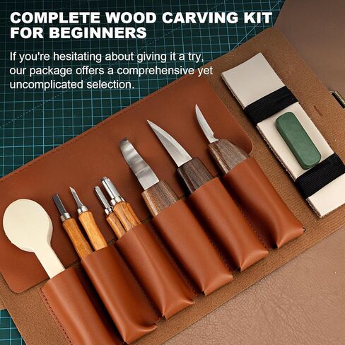Wood Carving Kit, All-in-1 Wood Carving Tools with Vedio Tutorials & Template, Whittling Kit with Leather Storage Bag for Beginners and Enthusiasts in Kuwait