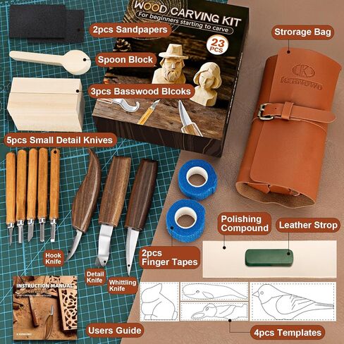 Wood Carving Kit, All-in-1 Wood Carving Tools with Vedio Tutorials & Template, Whittling Kit with Leather Storage Bag for Beginners and Enthusiasts in Kuwait