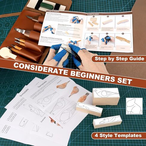 Wood Carving Kit, All-in-1 Wood Carving Tools with Vedio Tutorials & Template, Whittling Kit with Leather Storage Bag for Beginners and Enthusiasts in Kuwait