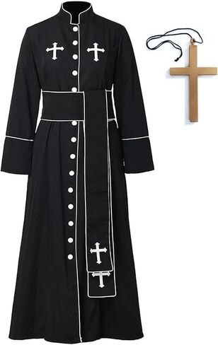 Priest Costume Pastor Robe Roman Cassock with Stand Collar White/Black 3Pcs Clergy Robe Stole and Cross Necklace in Kuwait