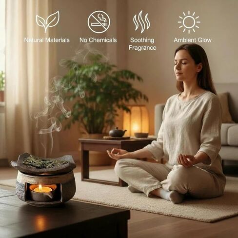 Zen Incense Burner Kit,Ceramic Aromatherapy Burner for Cedar Essential Oil Burner,Tea Light Teapot Warmer Candle Holder for Home Office Meditation Relaxation Decor in Kuwait