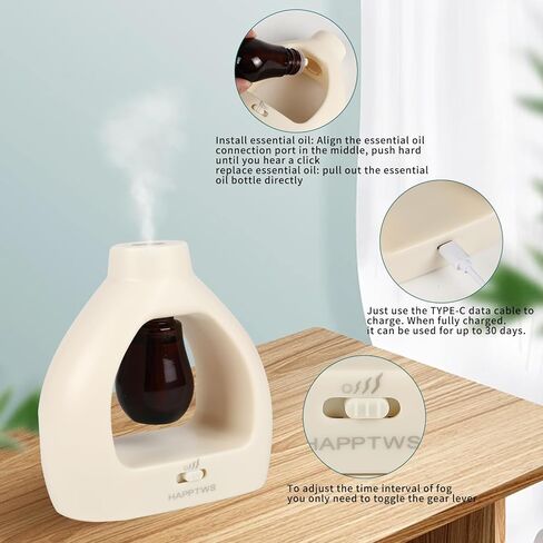 مجموعة ناشر الزيوت العطرية بدون ماء من HAPPTWS - ناشر لاسلكي 3 إعدادات مؤقت تعمل بالبطارية لغرفة النوم واليوجا والاستديو وغرفة الحيوانات الأليفة - أبيض حليبي in Kuwait