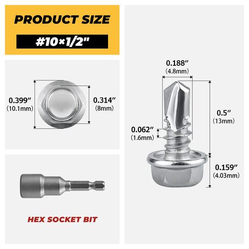100-pack #10 x 1/2" Hex Washer Head Self Drilling Screws, Rust-Resistant 410 Stainless Steel Sheet Metal Screws, Includes Bit in Saudi Arabia