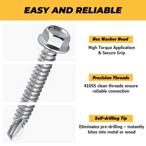 100-pack #10 x 1/2" Hex Washer Head Self Drilling Screws, Rust-Resistant 410 Stainless Steel Sheet Metal Screws, Includes Bit in Saudi Arabia