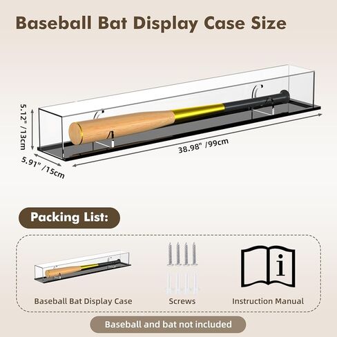 Baseball Bat Display Case, Black Acrylic Bat Display Case, UV Protection, Wall Mount or Tabletop Holder, Fits 36" Bats, Clear Collectible Case for Memorabilia, 39" x 5.9" in Kuwait